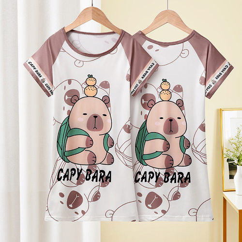儿童短袖睡裙中长款夏季capybara卡皮巴拉女童连衣裙女孩家居裙子