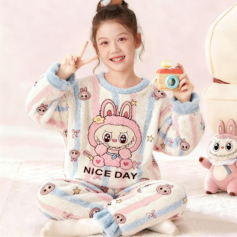 加厚3-5-7-9-11岁保暖4儿童女孩8拉布布套头睡衣冬装珊瑚绒法兰绒