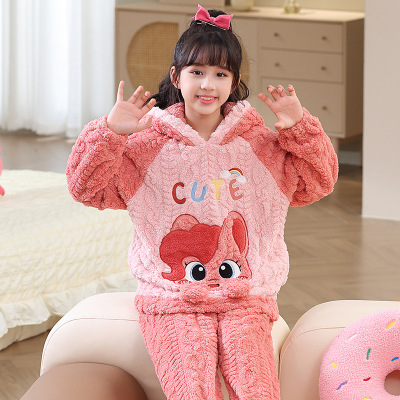 小马宝莉套头女童法兰绒睡衣秋冬2026新连帽女孩儿童珊瑚绒家居服