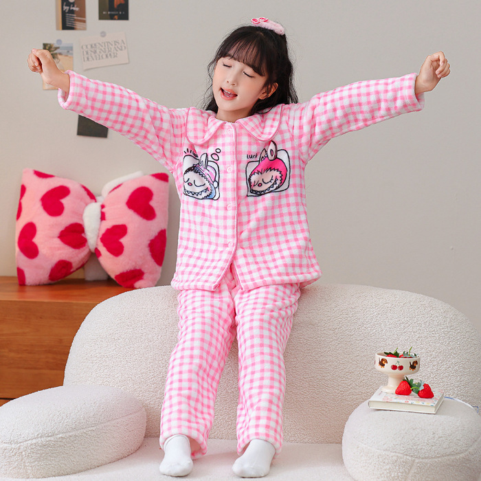 拉布布的女童睡衣加绒睡裤加厚秋冬4保暖6法兰绒8珊瑚绒3-5-7-9岁