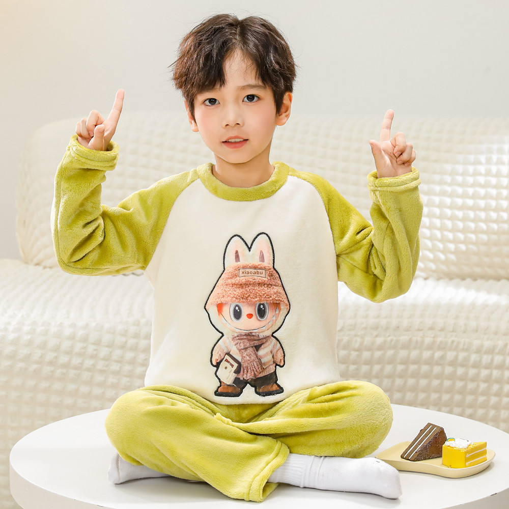 长袖睡衣长裤睡裤秋冬薄款保暖法兰绒珊瑚绒3岁男孩4拉布布labubu