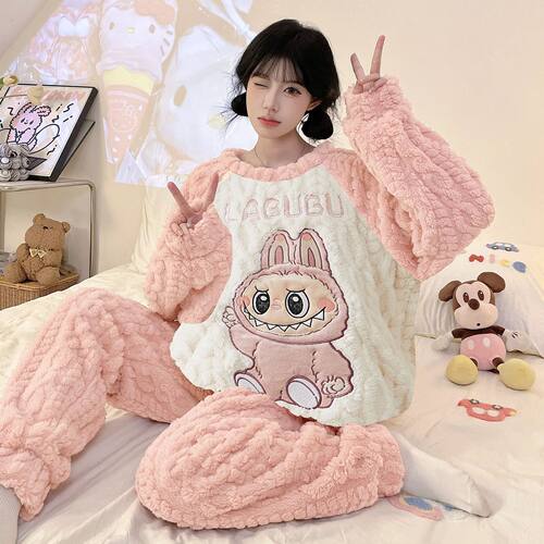 女士女生少女居家服LABUBU拉布布法兰绒保暖款珊瑚绒睡衣秋冬厚绒