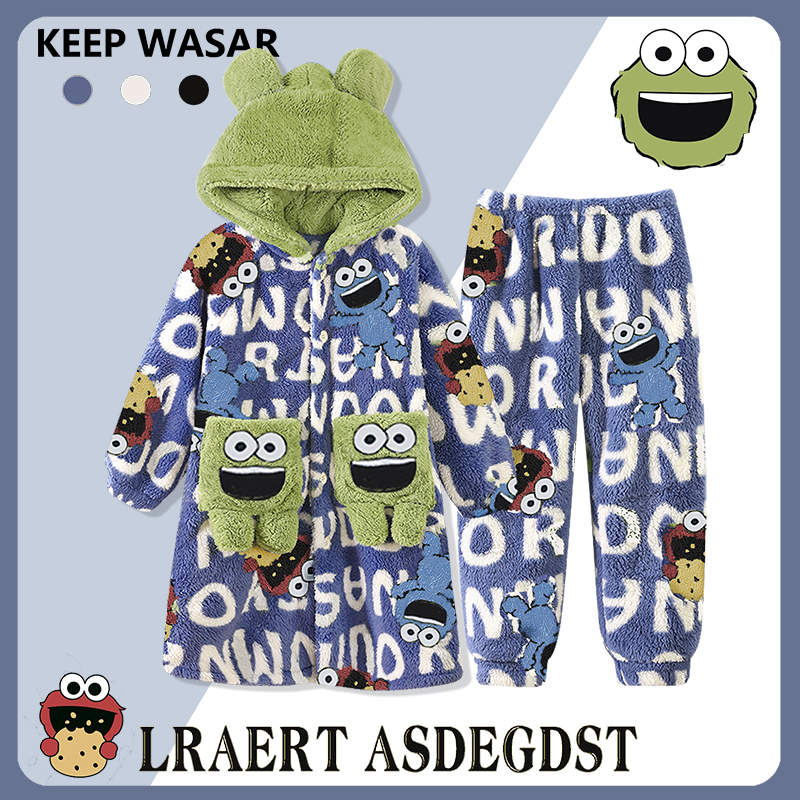 连帽睡衣睡裤套装长款睡袍冬季厚珊瑚绒3岁孩子4宝宝5男童6小学生