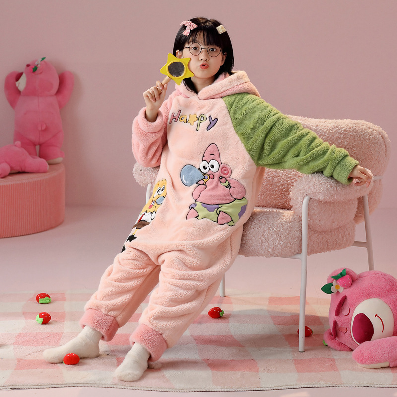 海绵宝宝派大星3女童5女宝7女孩9女生10岁加绒款睡衣加厚款睡袋冬