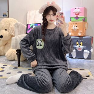 可爱小熊猫睡衣少女衣服加厚加绒冬款冬装海岛绒女学生女士保暖款