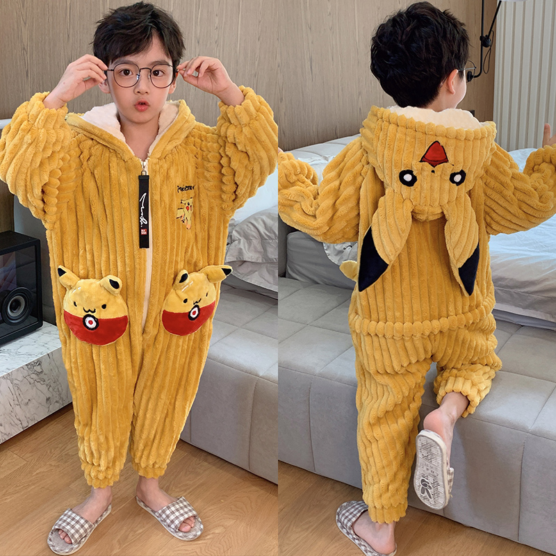 加厚睡袋珊瑚绒厚法兰绒冬季宝可梦皮卡丘儿童睡衣睡裤连体家居服