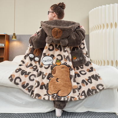 卡皮巴拉儿童睡衣女童法莱绒加肥加胖小女孩子宽松家居服冬天睡袍