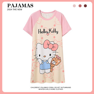 女童HelloKitty睡衣夏季薄款长款短袖睡裙儿童家居服夏天kt猫童装
