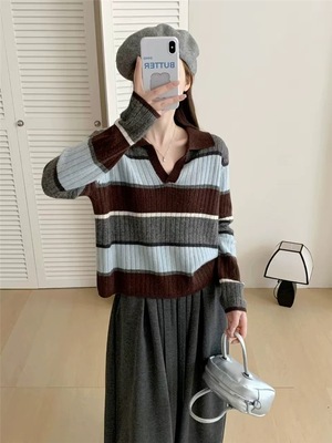 欧洲站2025秋冬新款时尚翻领条纹拼色羊毛针织衫女宽松显瘦毛衣
