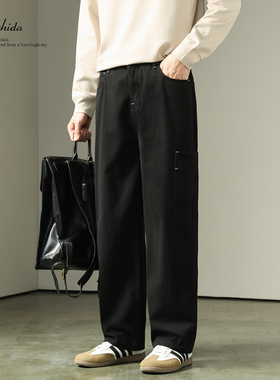 MSD 纯棉工装休闲牛仔裤男黑色宽松直筒裤子秋冬新款长裤男女同款