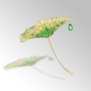 奇妙水岸 幽泉荷叶翠 高档镀金胸针荷叶镶钻皓石小众别针气质配饰