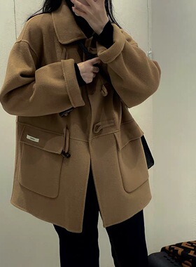 简约款2025秋冬新款女装小个子中长款毛呢外套大衣牛角扣女纯色