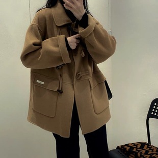简约款2025秋冬新款女装小个子中长款毛呢外套大衣牛角扣女纯色