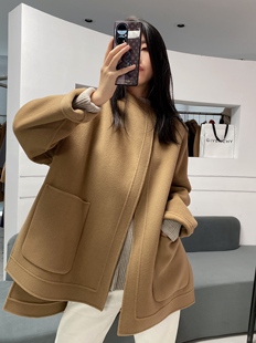轻奢风高级感双面羊毛大衣女2024年中长款圆领一粒扣羊毛呢子外套