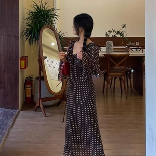 印花波点木耳长袖 法式 v领经典 内搭裙气质长袖 连衣裙 大方得体秋季