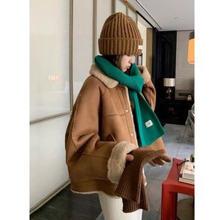 宽松加厚羊羔毛棉服 小个子韩版 韩系麂皮绒皮毛一体外套女冬季 短款