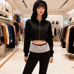 两件套装 春秋季 2025黑色运动中大童连帽卫衣外套女儿童高腰微喇裤