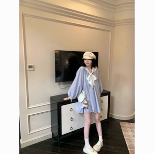 海军风条纹甜美连衣裙女秋季2026新款潮ins韩版时尚显瘦可爱裙子