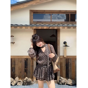 子裙收腰显瘦棕色格纹短裙女潮 胖mm松弛风格 2025新款 秋冬微胖大码