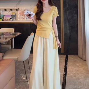 小众绑带黄色上衣配垂感杏色裤 甜辣妹套装 个性 女夏季 裙两件套 新款