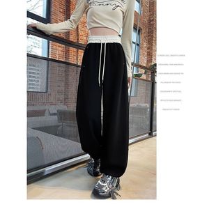 粉色休闲卫裤 秋季 显瘦束脚美式 宽松阔腿裤 女 撞色高腰直筒运动长裤