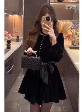 法式复古赫本风黑色丝绒长袖连衣裙正式场合端庄大气收腰短裙25秋