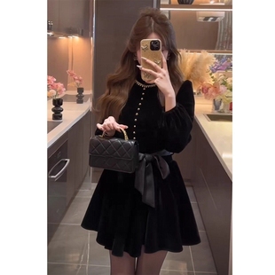 场合端庄大气收腰短裙25秋 连衣裙正式 法式 复古赫本风黑色丝绒长袖