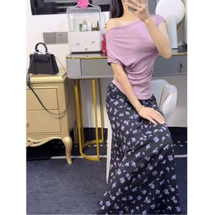 套装 碎花长裙半身裙一字T恤温柔紫色上衣短袖 女 新款 2025夏季
