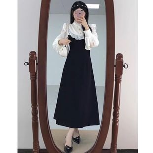 法式 收腰荷叶边显瘦气质长裙 优雅风假两件蕾丝拼接连衣裙女早秋款