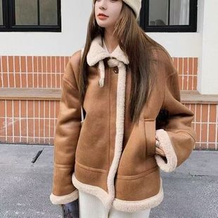 小个子一体绒外套潮女 加厚机车服短款 冬季 羊羔绒短外套女秋冬新款