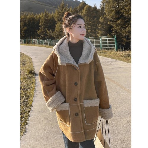 卡其色复古羊羔毛外套女2024冬季新款小个子加绒加厚皮毛一体棉袄