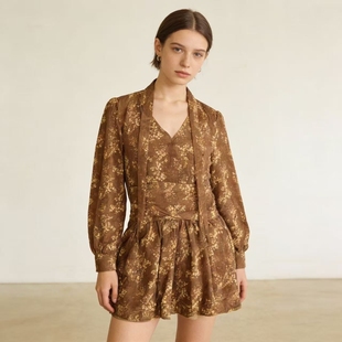 新款 连衣裙2025年早秋季 收腰显瘦气质短裙 老钱风碎花V领长袖 法式