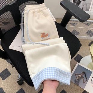 女生 百搭宽松阔腿裤 小狗刺绣可爱拼接格子直筒裤 甜美休闲春秋新款