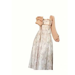 新款 国风碎花掐腰连衣裙秋季 胖MM温柔气质漂亮独特长裙 新中式 大码