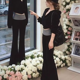 撞色微喇叭裤 时尚 卫衣外套女修身 慵懒连帽长袖 两件套 休闲套装