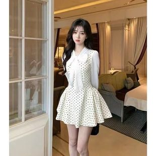高级感收腰长袖 2025新款 短裙 复古波点拼接假两件连衣裙女春季 法式