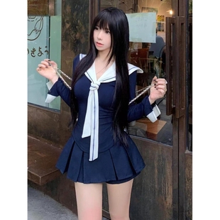 T恤百褶半身裙套装 纯欲辣妹复古减龄学院风jk制服秋季 海军领长袖
