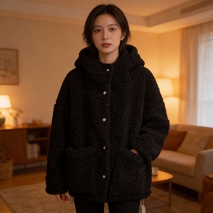 氛围感黑色颗粒绒羊羔毛连帽加厚毛呢外套女2025秋冬廓形毛毛大衣