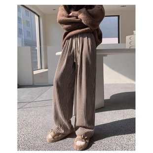 女 高腰垂感宽松直筒休闲裤 咖色竖条纹毛呢阔腿裤 女秋冬2025新款