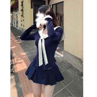 可爱甜美风海军领上衣套装 高腰百褶半身裙 女早秋设计感拼接打底衫
