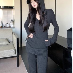 休闲长袖 时尚 连帽修身 上衣T恤运动微喇叭长裤 女 2025秋季 套装 新款