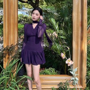 v领收腰捏褶拼接连衣裙子 气质长袖 无法抗拒 紫早秋2025新款