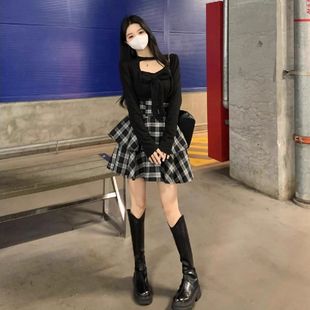 纯mm纯欲蝴蝶结挂脖上衣束腰格子半身裙女春夏辣妹显瘦两件套女