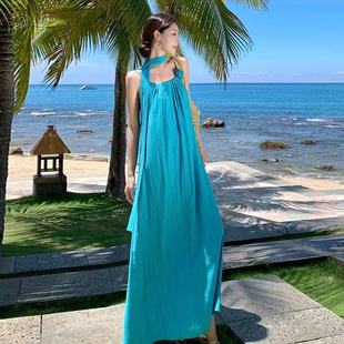 度假风高个子宽松褶皱吊带连衣裙夏 泰国海边沙滩长裙到脚踝超长款