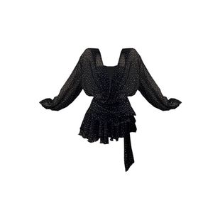 气质收腰V领长袖 黑色波点雪纺衬衫 胖mm法式 大码 短裙 连衣裙女夏季