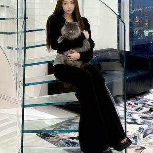 子 卫衣外套小众撞色喇叭拖地长裤 美式 穿搭两件套女冬连帽拉链长袖