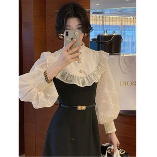系千金感蕾丝花边领长裙秋冬高级感优雅气质赫本风收腰小黑裙