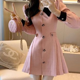 小个子收腰显瘦高级爆款 新款 通勤外套 小香风连衣裙女粉色秋季 法式