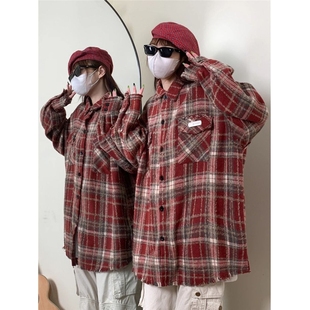 国潮牌情侣美式 外套破坏格纹夹克女格子外套潮 做旧毛边贴布绣衬衫