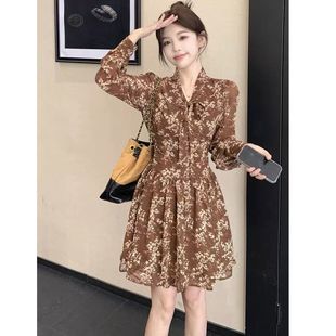 长袖 2025新款 雪纺收腰短裙 气质老钱风碎花连衣裙子女夏季 茶歇法式